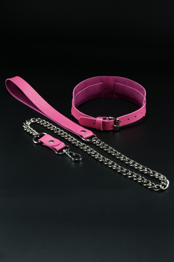 Erobee Fantazi Tasma | Zincirli Choker Özel Tasarım Suni Deri Between Serisi - Fuşya