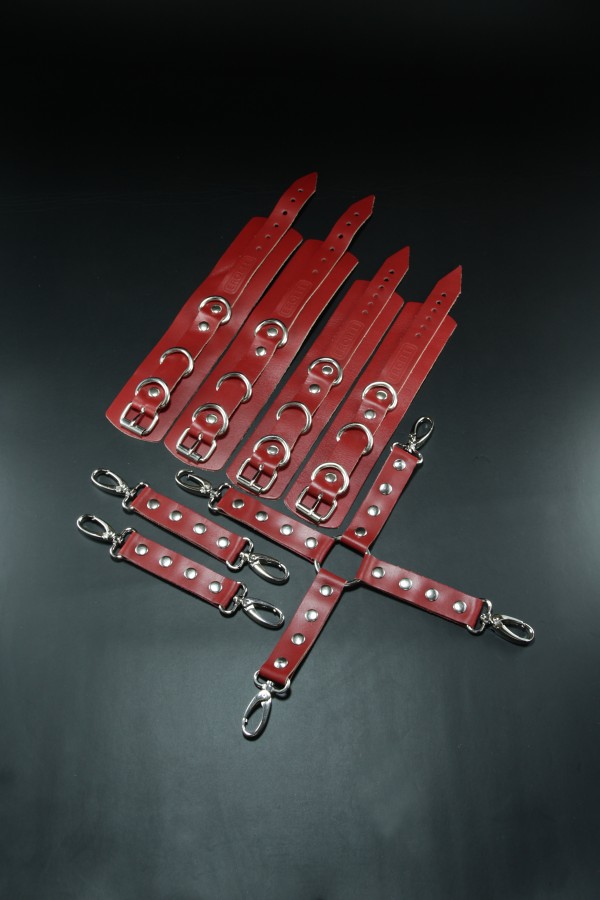 Erobee Hakiki Deri Fantezi El Ayak Kelepçeli Hogtie Seti X Aparatlı BDSM Set Origin Optima Serisi - Kırmızı