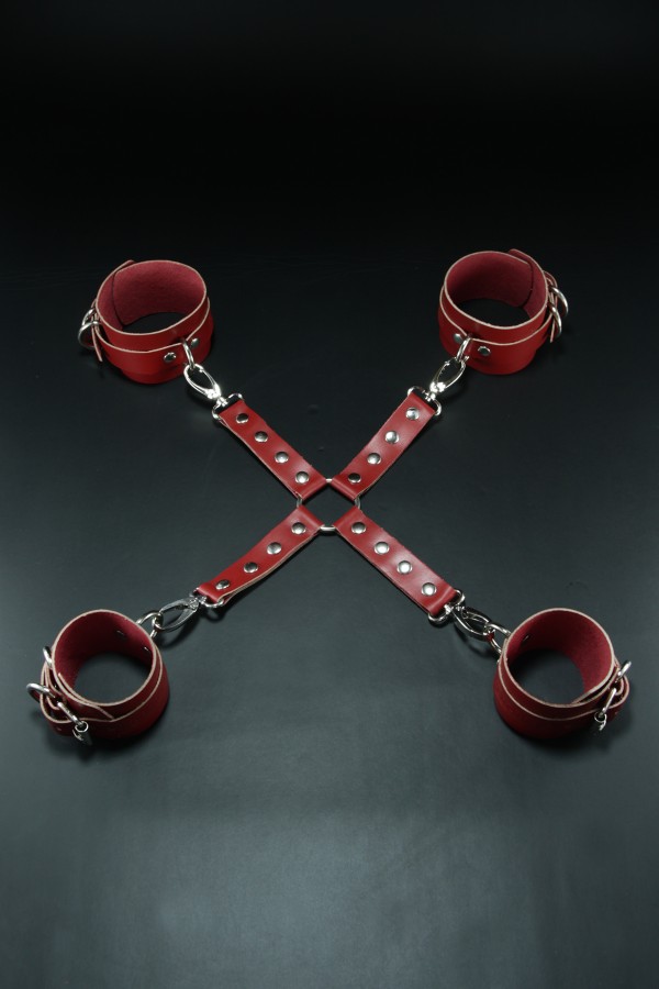 Erobee Hakiki Deri Fantezi El Ayak Kelepçeli Hogtie Seti X Aparatlı BDSM Set Origin Optima Serisi - Kırmızı